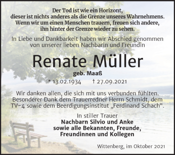 Traueranzeige von Renate Müller von Trauerkombi Wittenberg
