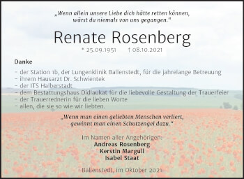 Traueranzeige von Renate Rosenberg von Super Sonntag Quedlingburg