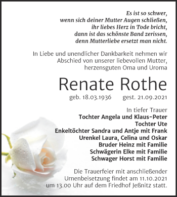 Traueranzeige von Renate Rothe von Trauerkombi Bitterfeld