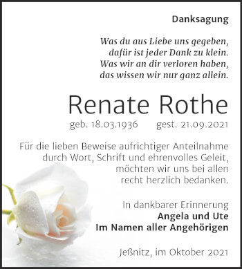 Traueranzeige von Renate Rothe von Trauerkombi Bitterfeld