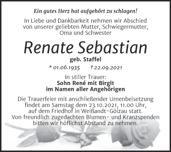 Traueranzeige von Renate Sebastian von Trauerkombi Köthen