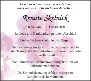 Traueranzeige von Renate Skelnick von Trauerkombi Bitterfeld