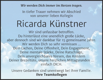 Traueranzeige von Ricarda Künstner von Trauerkombi Bernburg