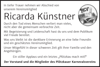 Traueranzeige von Ricarda Künstner von Super Sonntag Bernburg