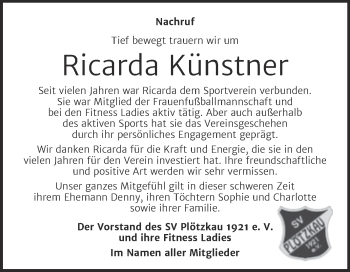 Traueranzeige von Ricarda Künstner von Super Sonntag Bernburg