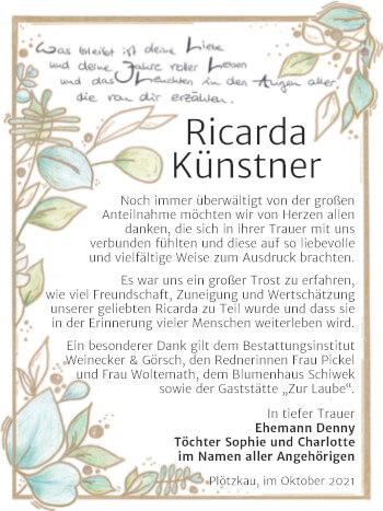 Traueranzeige von Ricarda Künstner von Trauerkombi Bernburg