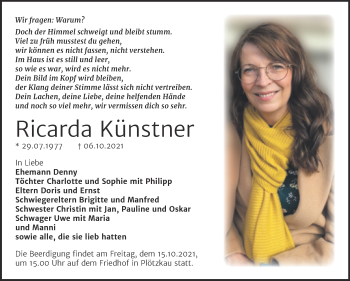 Traueranzeige von Ricarda Künstner von Trauerkombi Bernburg