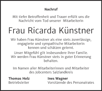 Traueranzeige von Ricarda Künstner von Wochenspiegel Bernburg