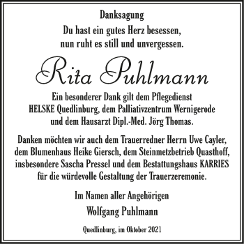 Traueranzeige von Rita Puhlmann von Trauerkombi Quedlinburg