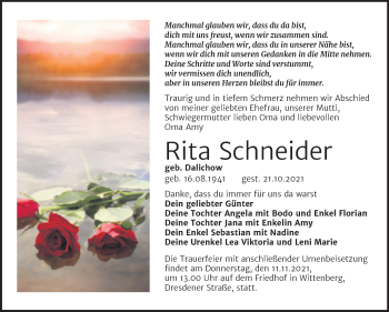 Traueranzeige von Rita Schneider von Trauerkombi Wittenberg