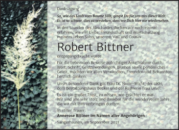 Traueranzeige von Robert Bittner von Trauerkombi Sangerhausen