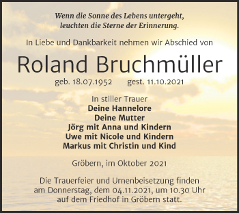 Traueranzeige von Roland Bruchmüller von Trauerkombi Bitterfeld