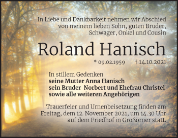 Traueranzeige von Roland Hanisch von Trauerkombi Mansfelder Land