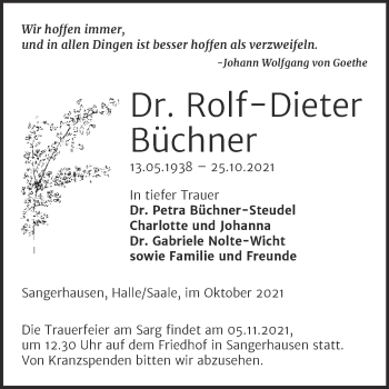 Traueranzeige von Rolf-Dieter Büchner von Trauerkombi Sangerhausen