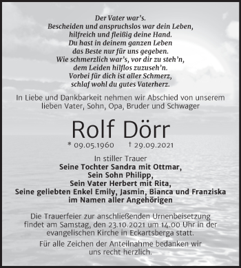 Traueranzeige von Rolf Dörr von Wochenspiegel Naumburg/Nebra