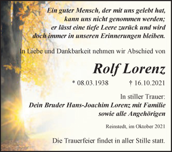 Traueranzeige von Rolf Lorenz von Trauerkombi Quedlinburg