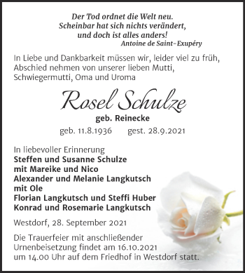 Traueranzeige von Rosel Schulze von Trauerkombi Aschersleben