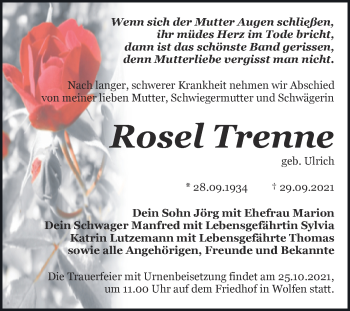 Traueranzeige von Rosel Trenne von Trauerkombi Bitterfeld