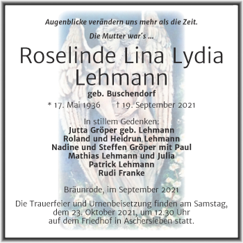 Traueranzeige von Roselinde Lina Lydia Lehmann von Trauerkombi Mansfelder Land