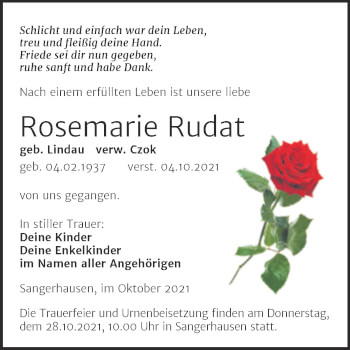 Traueranzeige von Rosemarie Rudat von Trauerkombi Sangerhausen