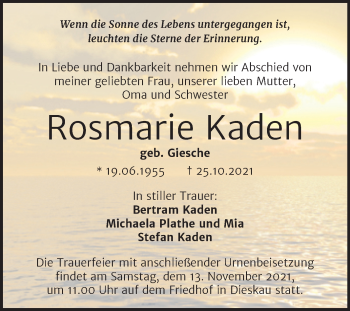 Traueranzeige von Rosmarie Kaden von Mitteldeutsche Zeitung Halle/Saalkreis
