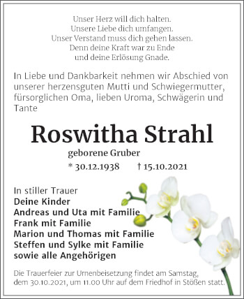 Traueranzeige von Roswitha Strahl von Trauerkombi Weißenfels
