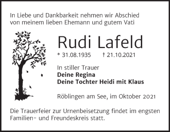 Traueranzeige von Rudi Lafeld von Trauerkombi Mansfelder Land