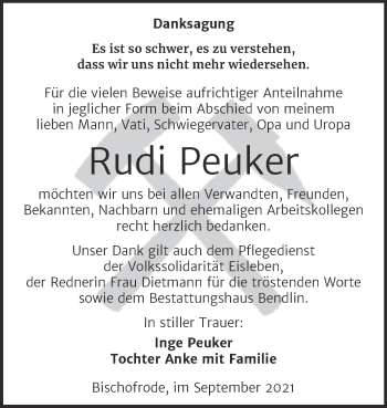 Traueranzeige von Rudi Peuker von Trauerkombi Mansfelder Land