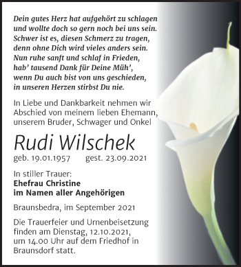 Traueranzeige von Rudi Wilschek von Trauerkombi Merseburg