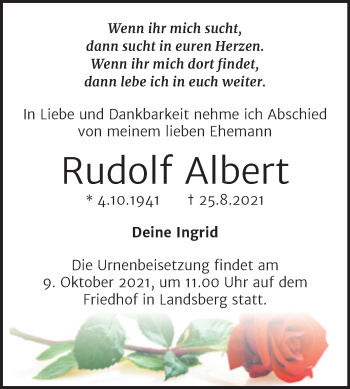 Traueranzeige von Rudolf Albert von Mitteldeutsche Zeitung Halle/Saalkreis