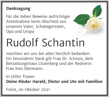 Traueranzeige von Rudolf Schantin von Trauerkombi Mansfelder Land
