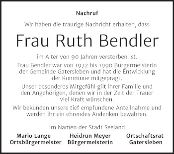 Traueranzeige von Ruth Bendler von Super Sonntag Aschersleben
