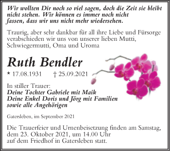 Traueranzeige von Ruth Bendler von Trauerkombi Aschersleben