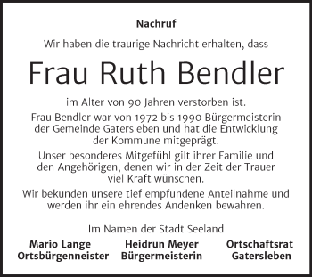 Traueranzeige von Ruth Bendler von Wochenspiegel Aschersleben
