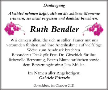 Traueranzeige von Ruth Bendler von Trauerkombi Aschersleben