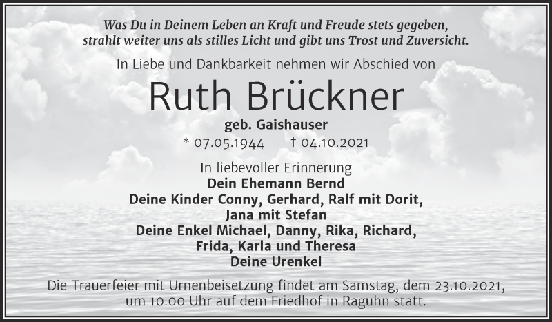  Traueranzeige für Ruth Brückner vom 09.10.2021 aus Trauerkombi Bitterfeld