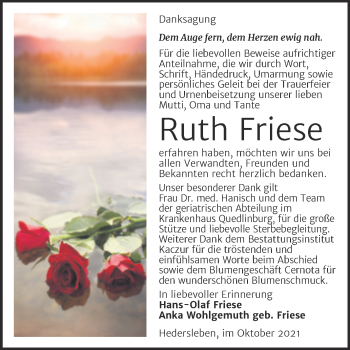 Traueranzeige von Ruth Friese von Trauerkombi Quedlinburg