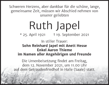 Traueranzeige von Ruth Japel von Mitteldeutsche Zeitung Halle/Saalkreis