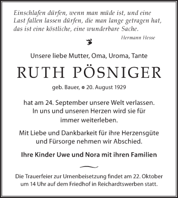 Traueranzeige von Ruth Pösinger von Trauerkombi Weißenfels
