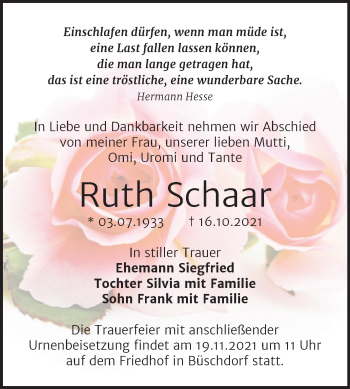 Traueranzeige von Ruth Schaar von Mitteldeutsche Zeitung Halle/Saalkreis