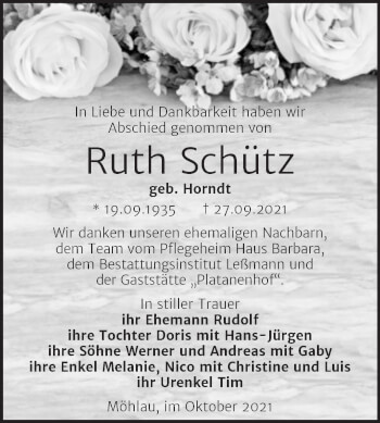 Traueranzeige von Ruth Schütz von Trauerkombi Wittenberg