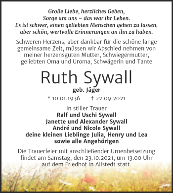 Traueranzeige von Ruth Sywall von Trauerkombi Sangerhausen