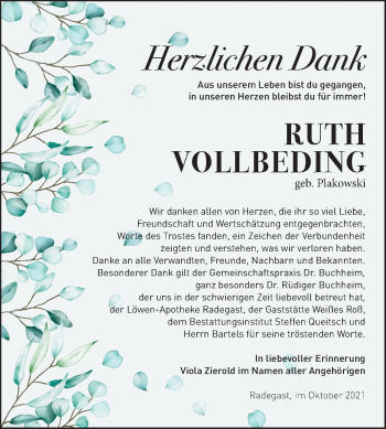 Traueranzeige von Ruth Vollbeding von Trauerkombi Köthen