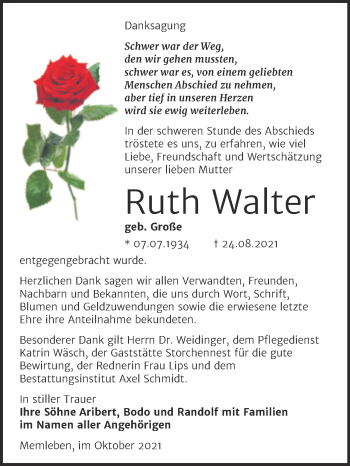 Traueranzeige von Ruth Walter von Naumburger Tageblatt