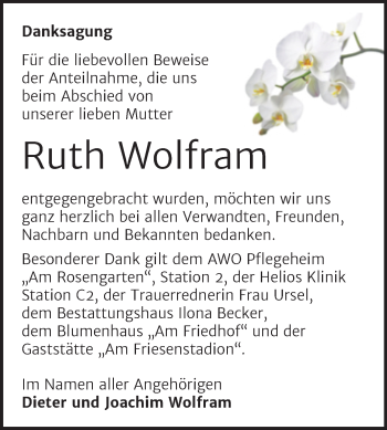 Traueranzeige von Ruth Wolfram von Trauerkombi Sangerhausen
