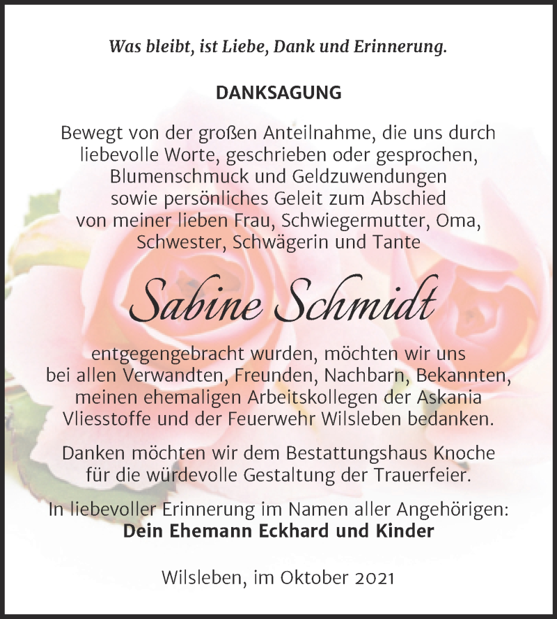  Traueranzeige für Sabine Schmidt vom 09.10.2021 aus Trauerkombi Aschersleben