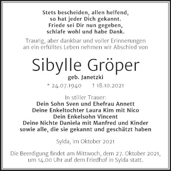 Traueranzeige von Sibylle Gröper von Mitteldeutsche Zeitung Mansfelder Land