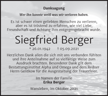 Traueranzeige von Siegfried Berger von Trauerkombi Mansfelder Land