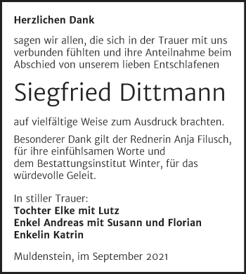 Traueranzeige von Siegfried Dittmann von Trauerkombi Bitterfeld
