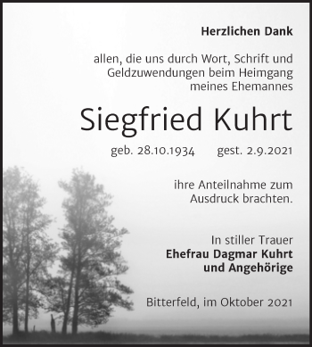 Traueranzeige von Siegfried Kuhrt von Trauerkombi Bitterfeld